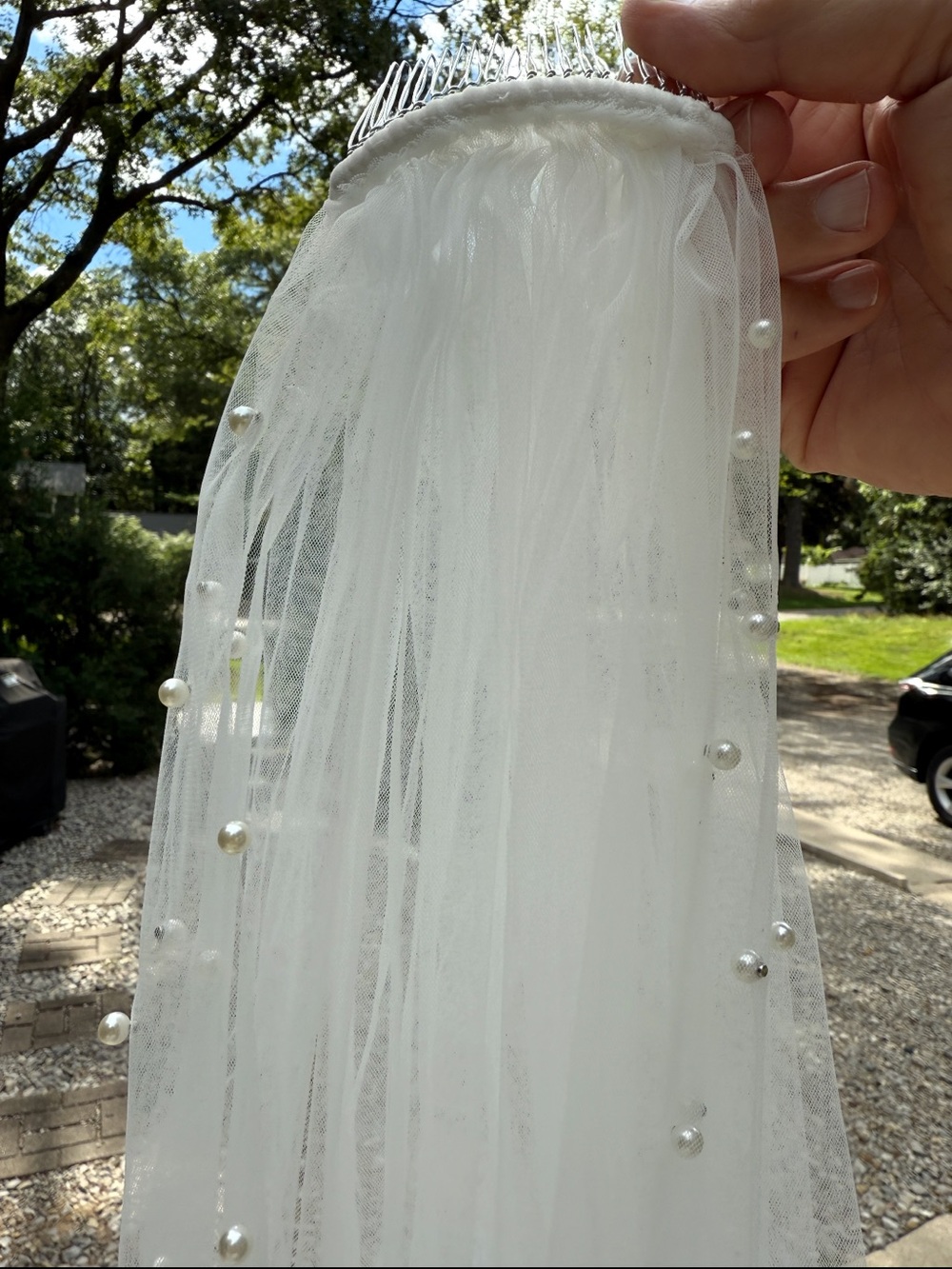 Pearl-Embellished White Bridal Veil